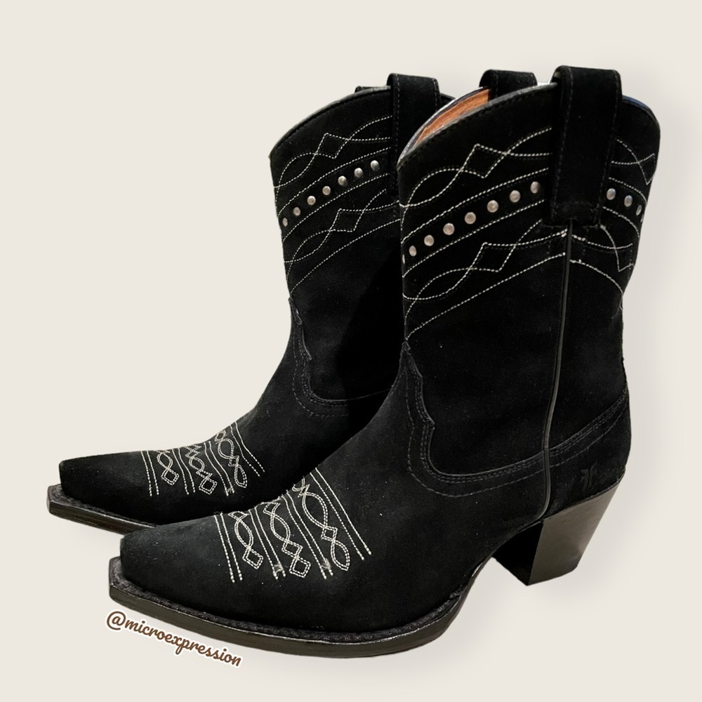 1980 Frye VINTAGE Black Suede Leather Embroidered Boho PullOn Heeled Cowboy Boot - Picture 8 of 14